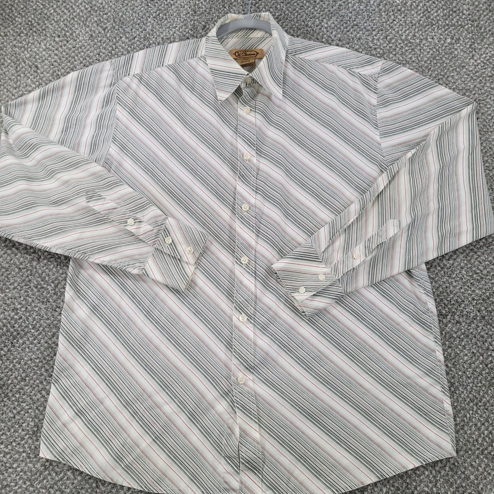 Vintage Y-Chrome Mens Large Diagonal Stripe Button Down Shirt Grey Red White